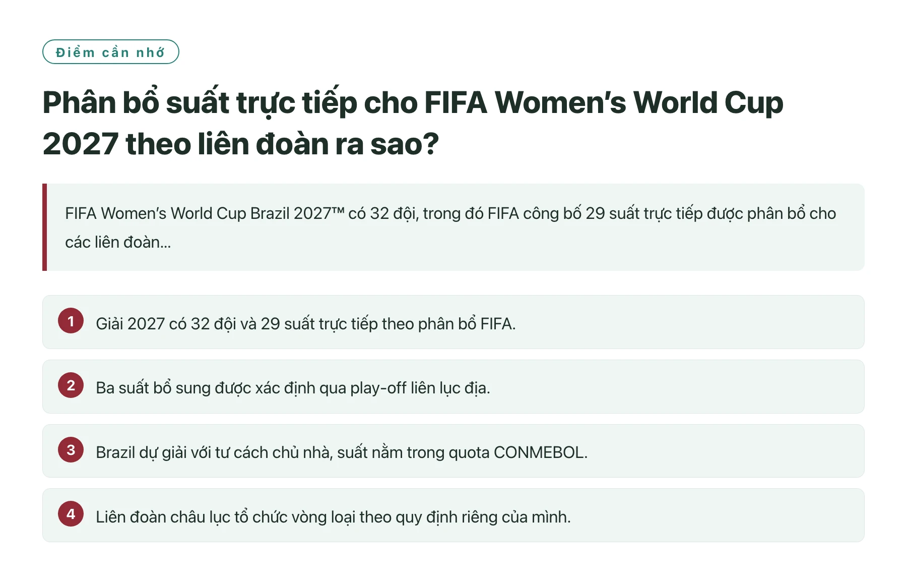 Phân bổ suất trực tiếp cho FIFA Women’s World Cup 2027 theo liên đoàn ra sao?——全文要点速览